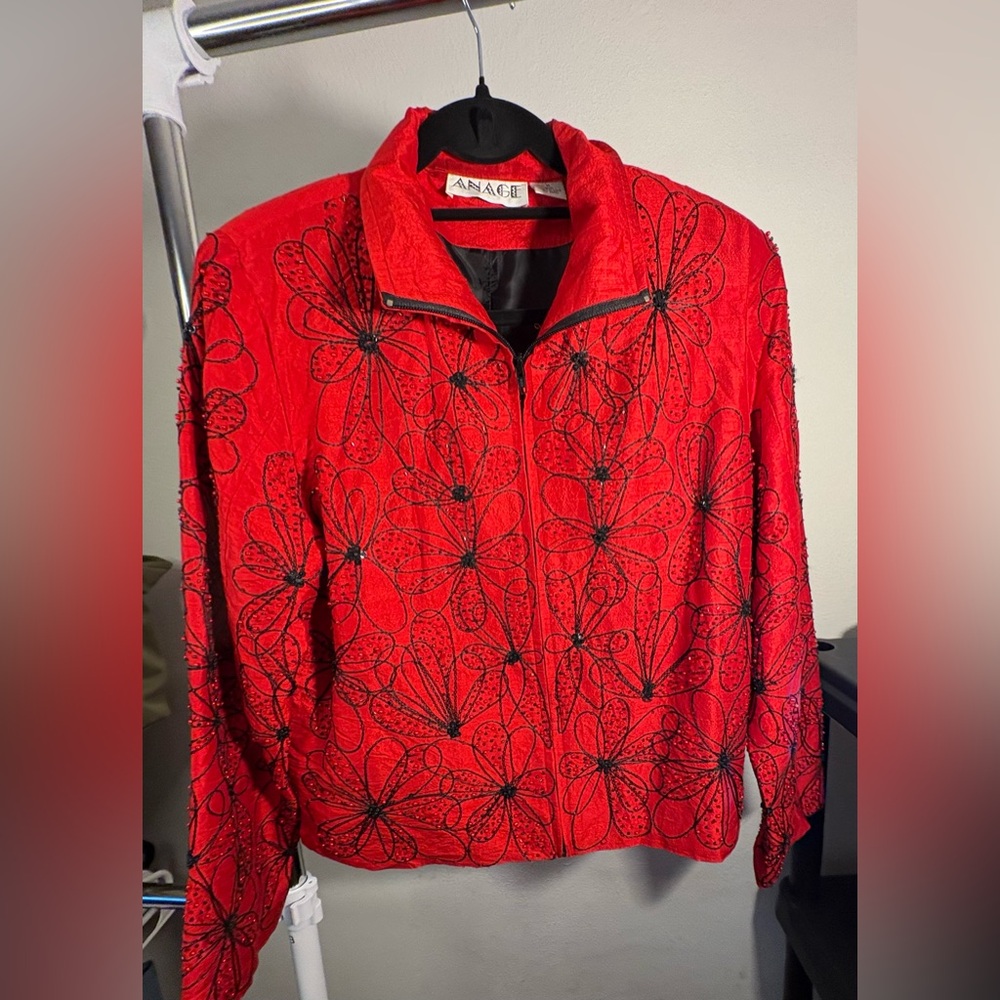 Anage Red and Black Floral Bomber Jacket